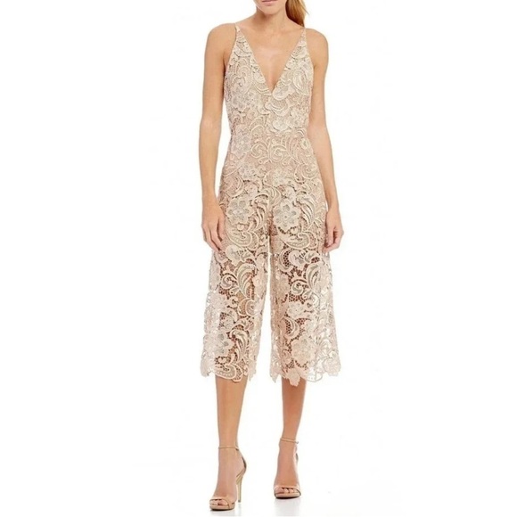 DRESS THE POPULATION Marion Lace Overlay Midi Jumpsuit in Nude - Picture 1 of 14